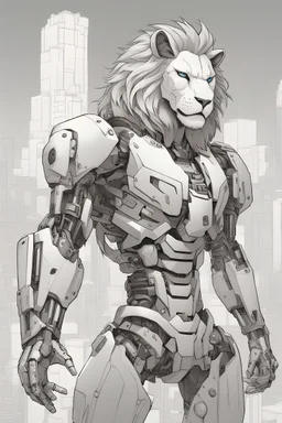 modern anime/realistic drawing style; a humanoid cyborg, half lion/human, with a mechanical style body and futuristic guns in a dynamic pose; the background is a city in ruins; teen/adult coloring pages, in black and white; crisp lines, grey scale,