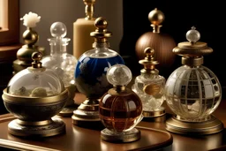 generate me an aesthetic complete image of Perfume Bottles with Antique Globe