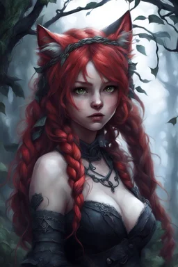 CAT GIRL, FANTASY, FORESTY, VINES, SOULLESS, FLUFFY TAIL, RED HAIR, BRAIDS, METAL