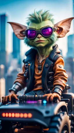 portrait of Hairy Gremlin pimp ninja cyber punk in hipster tractor parked on top of sky scraper,bokeh like f/0.8, tilt-shift lens 8k, high detail, smooth render, down-light, unreal engine, prize winning