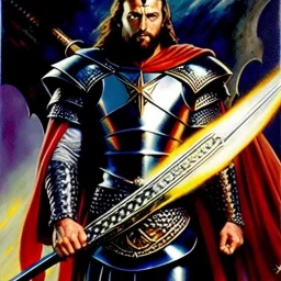 portrait oil on canvas,King Arthur with plate armor and excalibur ,comic book cover, mystical colors,insanely detailed,realistic,intrincate detail, 16k resolution, masterpiece,Frank Frazetta, Alex Horley, Simon Bisley,Oscar chichoni