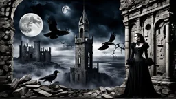 goth theme with victorian style woman, two raven, tower, ruin, moon, darkness, detalied materials, old wall, mystic, dark fantasy