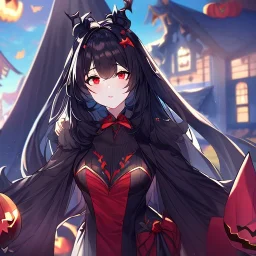 Clear focus, high resolution, black long fluffy hair, red eyes, wearing a halloween outfit