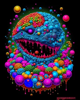 Monster made of ice cream, candy, gum drops, sprinkles tattoo design, traditional tattoo style, t-shirt design, fantasy art, digital painting, clean dark background, 8K by R. crumb, Todd Schorr, Robert Williams, Alex Alemany