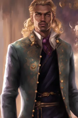 male, brown skin, tanned, blonde long hair, pony tail, green eyes, large iris, slender, light blue aristocrat coat with golden motif, dark purple shirt, brown expensive pants, brown boots with golden decoration, holding wine in a glass, single character, high class party background, smirking, realistic, realism