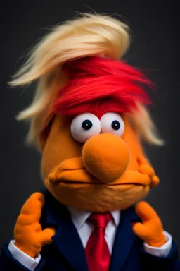 a Film Photograph of a realistic angry orange Donald J. Trump Muppet made of felt and fur wearing a dark blue suit and red tie and with blonde hair combover, he is old and angry with a small round mouth