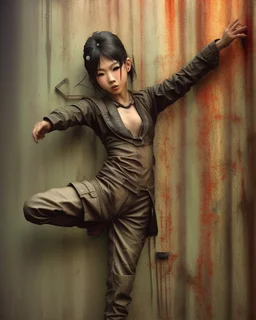 an arafed graffiti japanese dancer on the wall of a building, rolands zilvinskis 3d render art, dystopian grunge, trending on unsplash, steam punk grafitti, hyper realistic digital art, sticker art, disco elysium style, pexels, neoexpressionist, behance art, gritty background, solarpunk, oilpunk, unsplash transparent, to be or not to be, scrap metal on workbenches, infinite regression, interconnected human lifeforms, symbolic mural, album cover artwork, (((heavy whimsical))) vibes