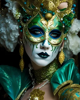 Beautiful woman portrait adorned with baroque palimpsest carnival of venice style costume and masque ribbed with green obsidian, blue onix, light beige egg shell colour and Golden bioluminescense baroque palimpsest mineral stones and malachite stone masque and costume white Gloss glittering Golden and white and malachite green makeup on baroque palimpsest organic bio spinal ribbed detail. Of carnival of venice bokeh background with lights extremely detailed hyperrealistic maximálist c