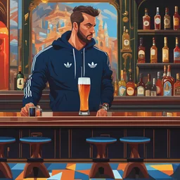 A full-length guy. Dressed in an Adidas tracksuit. It stands in the middle of the bar. On his hand is a gold watch. He holds a bat in his left hand. In the other hand he holds a glass of whiskey. Russian bar. The bar is trashed., Mysterious, high detail, correct shapes of the face and body, correct shape of the hands, 8k