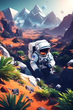 (((close midshot))), (((low poly art:2))), (astronaut), ultra-detailed illustration of an environment on a dangerous:1.2 exotic planet with plants and wild (animals:1.5), (vast open world), astroneer inspired, highest quality, no lines, no outlines candid photography. by Lekrot