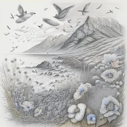 A pencil drawing of a landscape with mountains, ocean, a flock of birds and a lot of wild flowers.