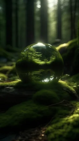 Natur , Glaskugel, Fantasy, magisch, Wasser, schwaches diffuses Sonnenlicht, Moos, Bäume, dunkelgrün, Holz, Steine