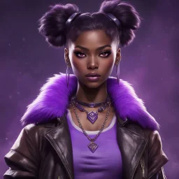 arcane tv show style, league of legends, solo, 1girl, attractive teenager, african, dark skin, dark-brown eyes, black hair, pair buns, (violet strand in forehead bang), necklace, earrings, modern makeup, (detailed skin texture), old leather jacket with violet fur collar, oversized torn t-shirt with half-erased unknown music group logo, You can see through the wide holes in the t-shirt her acid-green sport top, dark background, bokeh, cinematic atmosphere