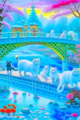 in the center: beautiful chunky white cats playing on a bridge with grey mice, under the brigde flows a small blue river; background: landscape, first plan: pink flowers: white clouds in shape of cats, season: winter and snowfall