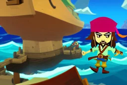 Cartoony Captain Jack Sparrow sailing on the vast blue ocean, Legend Of Zelda: Wind Waker style, stylized, colorful, adventurous.