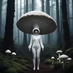 In the heart of a dark and spooky forest, a woman with big eyes, her head enclosed in a giant mushroom cap, stands trembling. She is clad in a full-body mushroom symbiote suit made of white mycelium, blending seamlessly with the eerie surroundings. Surrounding her are several giant mushrooms, their shapes resembling women, casting long, haunting shadows in the dim light of the forest. The woman's eyes dart nervously from one mushroom figure to another, their silent presence sending shivers down