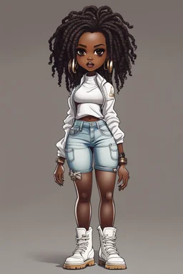 create a futurism art image of a curvy size chibi dark skinned Black female wearing a white jean outfit with timberland boots. Prominent make up with brown eyes. Highly detailed dread locs