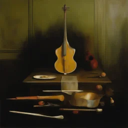 human body, universe-like table,complex surgical instruments mixed with human body-like musical instruments,minimalism,Painting By Adrian Ghenie, Rene Magritte, Lucian Freud