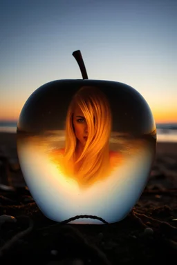 a crystal apple on a beach, sunset , the image of a woman with long blond hair is reflected in the apple, raw foto, natural colors, dynamic light and shadow, very detailed scene with intricate details,