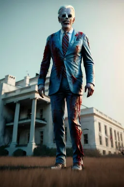 Ultra realistic image, joe biden zombie, zombie performance, suit, skull, blood, torn arm, night, walking twisted, waist up view, thriller style, dark ambient, highly detailed, White House background, concept art, unreal engine 5, god rays, ray tracing, RTX, focal lighting, ultra detail, volumetric lighting, 3d, finely drawn, high definition, high resolution.