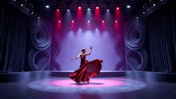 modern stage with gray-blue theme artistic decoration , color full dynamic lighting, a beautiful lady in modern maxy dark dark red dress with shining silver jwells dancing, 3D recursive fractal structure animating background