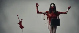 a faceless woman covered in blood holding up an empty black box