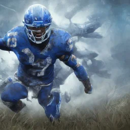 A painting of an angry cougar in full blue and white armor, Inka jungle background, American football on ground, highly detailed, digital painting, Artstation, concept art, matte, sharp focus, illustration, dramatic, Blizzard concept art