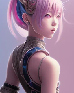 Detailed cute anime Kunoichi girl, blue hair buns, pink bangs, black latex bodysuit, intricate details, full body portrait, keep head in frame, slight smile, black Japanese motif, concept art, highly detailed, digital painting, concept art, sharp focus, illustration, art by Yoji Shinkawa, WLOP and greg rutkowski and alphonse mucha and artgerm and yanjun Chen and Junji ito and Makoto Shinkai, HDR, octane render