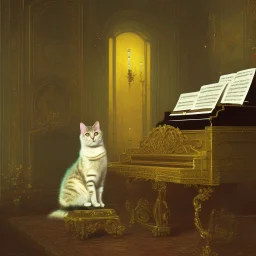 A cat in a historic dress is playing Piano. Background Music notes are dancing. Painting style like John Atkinson Grimshaw