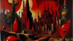 A dark red city made out of jazz instruments painted by Salvador Dali