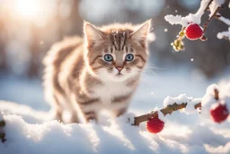 A beautiful little cat catches a berry while standing on a snowy branch in sunshine, ethereal, cinematic postprocessing, bokeh, dof