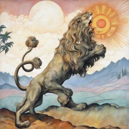 Art deco design of a lion devouring a sun