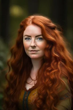 portrait of a beautiful 30 year old highlander woman with long reddish wavy hair, curvy body, earthbound, warm-hearted