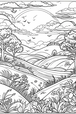 freedom sitoation , coloring book page, simple and clean line art, adult drawing book, low details, black and white, crisp black lines, no shades, sharp lines, coloring book for adults, cartoon style, landscape