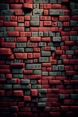 A brick wall made up of words and letters of the English alphabet, Many letters, abstraction. A high-resolution image of 8 K.