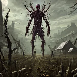 Creepy massive zombie Scarecrows red eyes emerging from corn field, tree tall corn stalks, Eldritch as hell, by George Harriman, by Jeremy Mann, by Hieronymus Bosch "Garden of Earthly Delight", intricately detailed, hypersurreal, octane render, asymmetric dystopian nighttime nightmarish background.