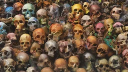 a picture of a dark, comedic, anatomically correct wall of colorful tightly packed skulls of varying sizes and expressions, photo realistic, insanely meticulous, highly detailed, part of a collection of bones on display, 64k, dystopian, vray