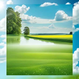 a big dance grass field in country side environment ,green field ,flowers , at distance,blue sky pretty clouds ,camera looking at horison