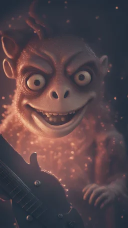 a psychedelic fuzzy muppet show gekko gremlin grinning rock star with club guitar in the style of Fallout 4 and Giger, bokeh like f/0.8, tilt-shift lens 8k, high detail, smooth render, down-light, unreal engine, prize winning