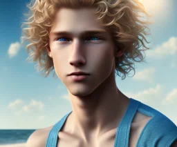 photorealistic, studio lights, full body image of a beautiful 12 year old boy with long, blonde curly hair and light blue eyes, smiling, shirtless, in front of an distant beach