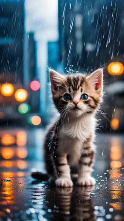 A small kitten meows in the wet rain against the backdrop of a rainy city. A very epic and sad scene.