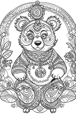 Outline art for coloring page, GYPSY HAPPY TEDDY BEAR, coloring page, white background, Sketch style, only use outline, clean line art, white background, no shadows, no shading, no color, clear