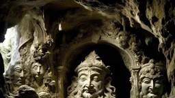 A large stone cave carved into a rock formation and abundantly carved in a baroque or rococo style, with a human face with an elaborate headdress or crown, surrounded by intricate decorative elements, human and organic figures, mythological animals, leaves and plants. The face appears to be that of an older man with a serious expression.