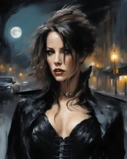 Kate Beckinsale as a sexy vampire warrior in black leather and a corset in a london street under the moon :: dark mysterious esoteric atmosphere :: digital matt painting with rough paint strokes by Jeremy Mann + Carne Griffiths + Leonid Afremov, black canvas