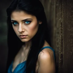 portrait of a 15 year girl with black hair and blue eyes, toned body and haunted expression