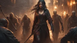 a female sorcerer leading an army of rotting zombies through burning midlevel city. fantasy setting. armor melted into the skin. blood. intense horror. blind terror. scared to death. a masterpiece, fantasy concept art, dynamic lighting, hyperdetailed, intricately detailed, deep color, Unreal Engine, volumetric lighting, Epic cinematic brilliant stunning intricate meticulously detailed dramatic atmospheric maximalist digital matte painting