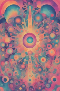 A generative AI abstract psychedelic watercolor-style illustration; a 1960s-style poster background or record album gatefold image from the groovy hippie era