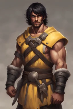 Tan skin adult human, buff barbarian, brown eyes, short black hair, wearing a yellow and black medieval tabard, empty handed