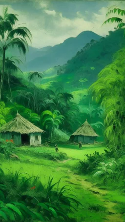 A green jungle with tribal huts painted by Claude Monet