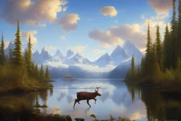 Peder Monk Monsted style, Alaska, lake with Moose summer, blue sky,
